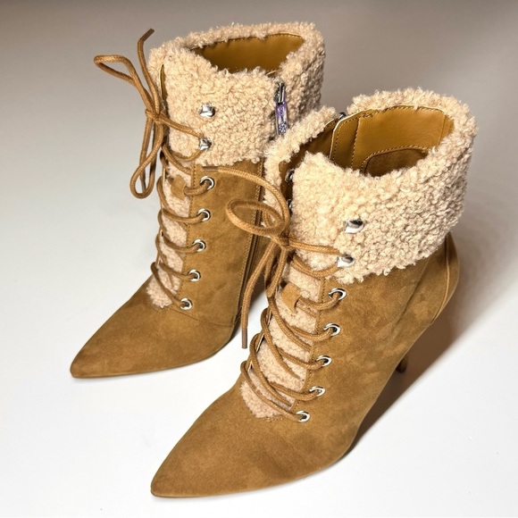 Jessica Simpson Women’s Heeled Faux Fur Tan Suede Pirlie Fuzzy Booties Size- 6M - Picture 5 of 11